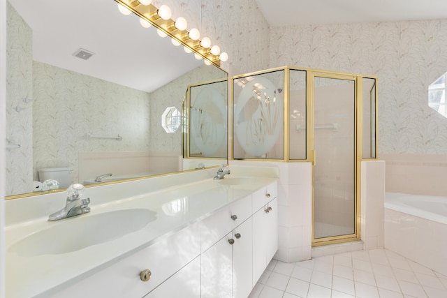 full bathroom with tile patterned floors, vanity, toilet, and separate shower and tub