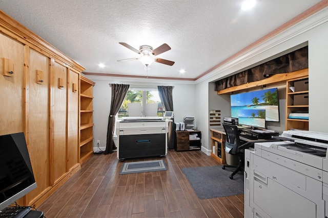 office featuring ceiling fan, ornamental molding, and a textured ceiling