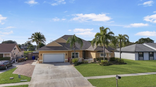 view of front of home with a garage and a front lawn