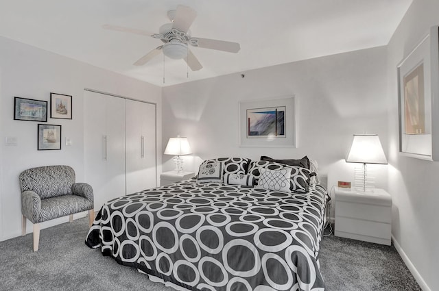 bedroom featuring carpet floors, a closet, and ceiling fan