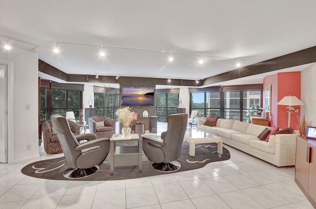 living room featuring light tile patterned floors