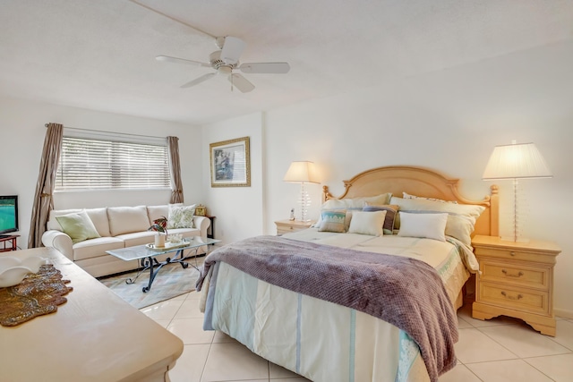 bedroom featuring ceiling fan and light tile patterned floors