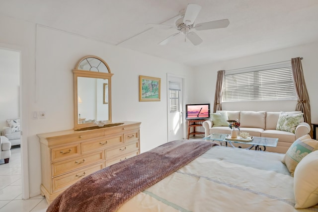 bedroom featuring ceiling fan and light tile patterned floors