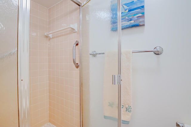 bathroom with a shower with door