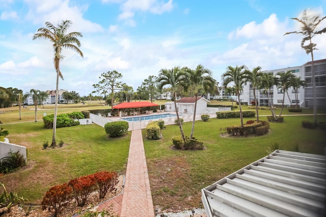 view of community with a pool and a lawn