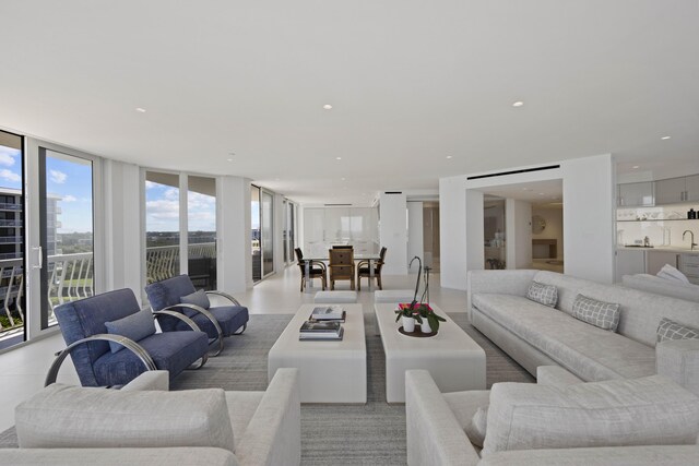 living room with expansive windows and sink