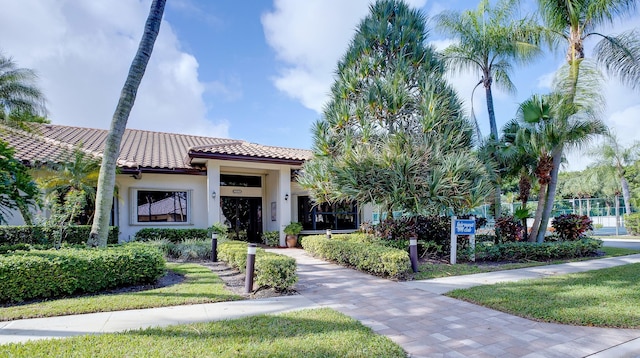 view of front of house featuring a tiled roof and stucco siding