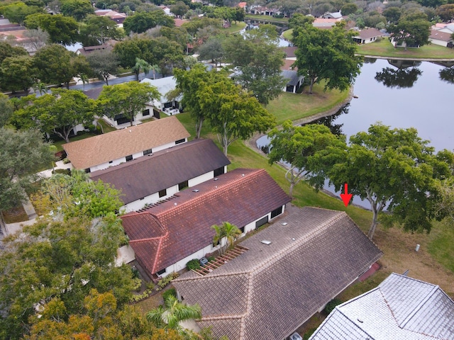 aerial view featuring a water view