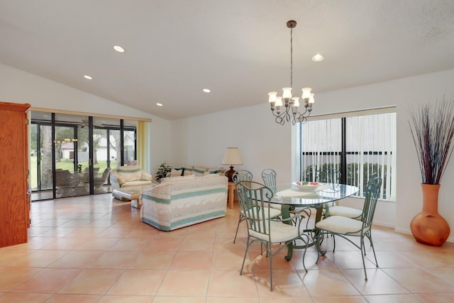 dining room with recessed lighting, light tile patterned floors, vaulted ceiling, and an inviting chandelier