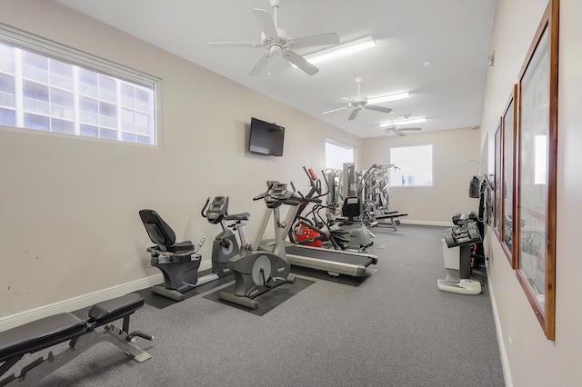 gym featuring ceiling fan