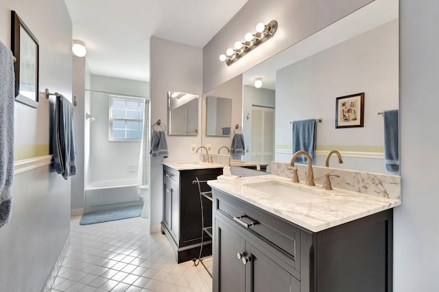 full bathroom with toilet, bathing tub / shower combination, tile patterned floors, and vanity