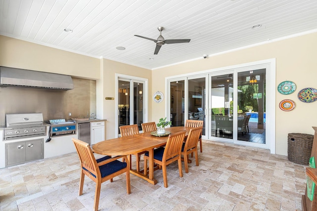 dining space featuring french doors, a ceiling fan, ornamental molding, wood ceiling, and stone finish flooring