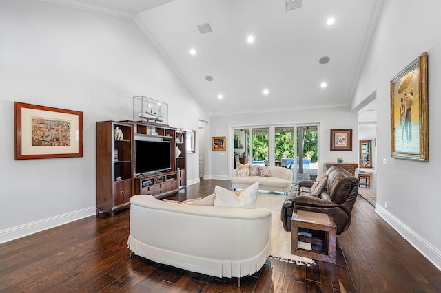 living area featuring high vaulted ceiling, dark wood-style flooring, visible vents, baseboards, and ornamental molding