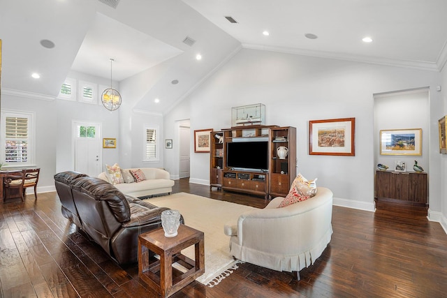 living room featuring visible vents, baseboards, and dark wood-type flooring