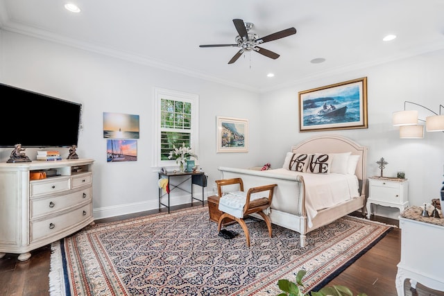 bedroom with ornamental molding, dark wood-style flooring, recessed lighting, and baseboards