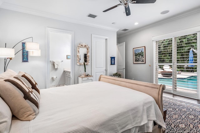 bedroom with visible vents, connected bathroom, wood finished floors, access to outside, and crown molding