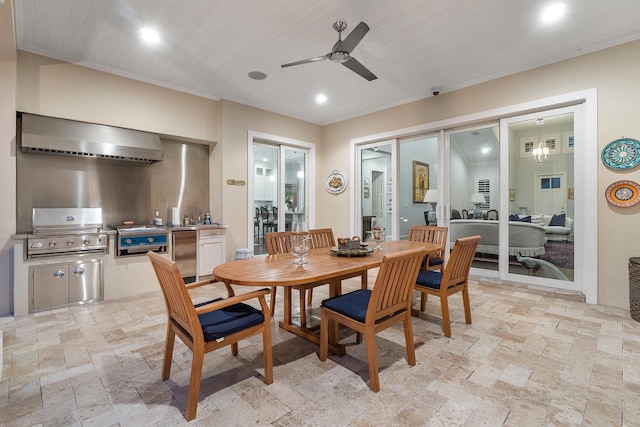 dining room with recessed lighting, stone tile flooring, wooden ceiling, and ceiling fan