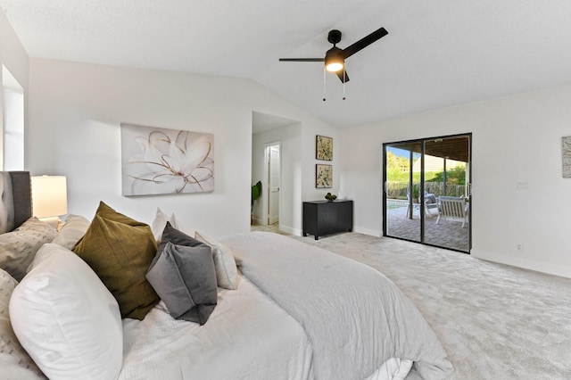 bedroom featuring light carpet, access to exterior, vaulted ceiling, and ceiling fan