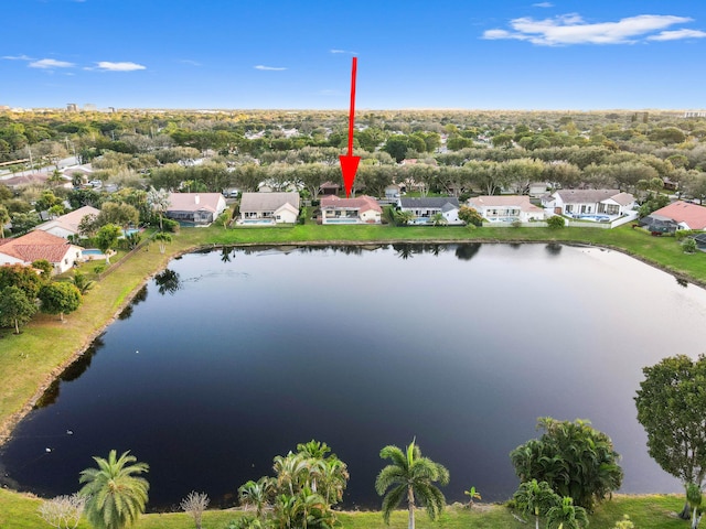 aerial view featuring a water view