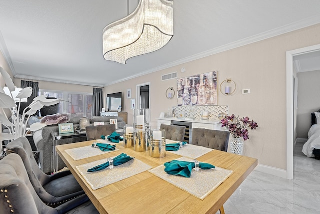 dining room with wine cooler and crown molding