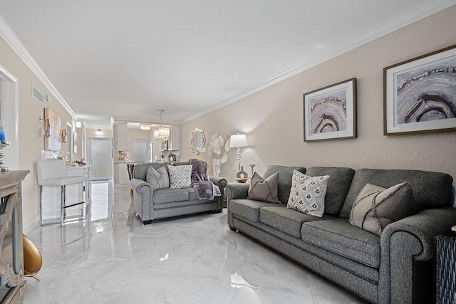 living room featuring crown molding