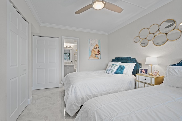 bedroom featuring ensuite bathroom, ceiling fan, and ornamental molding