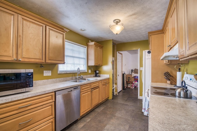 kitchen featuring sink, a textured ceiling, and appliances with stainless steel finishes