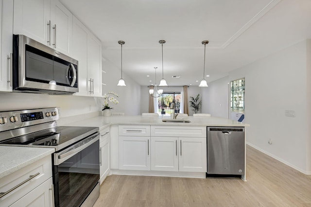 kitchen featuring kitchen peninsula, appliances with stainless steel finishes, sink, and white cabinetry