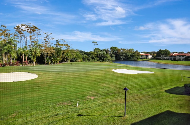 view of community with a water view and a lawn