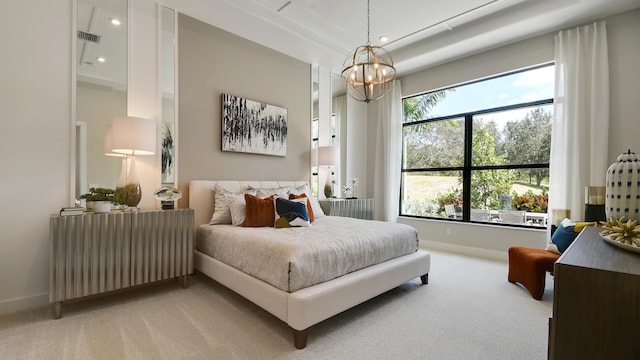 carpeted bedroom featuring a notable chandelier and radiator heating unit