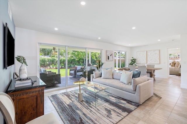 living room with light tile patterned floors