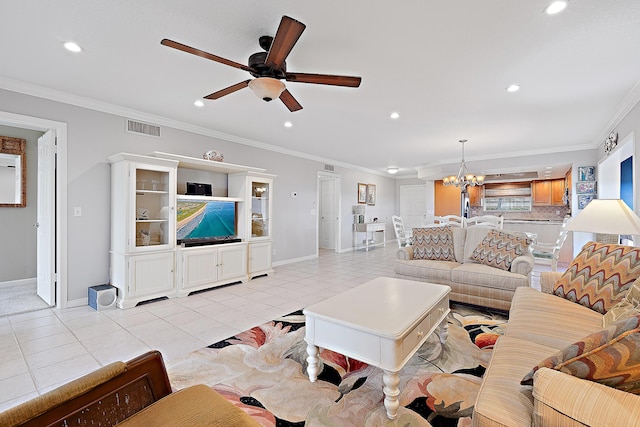 tiled living room featuring ornamental molding and ceiling fan with notable chandelier