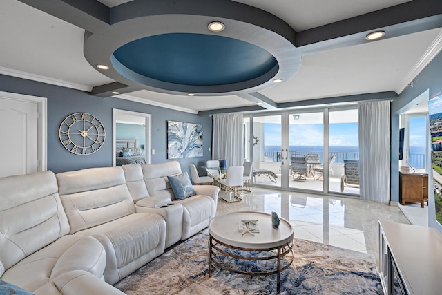 tiled living room featuring crown molding and recessed lighting