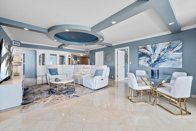 living room featuring recessed lighting, visible vents, and crown molding