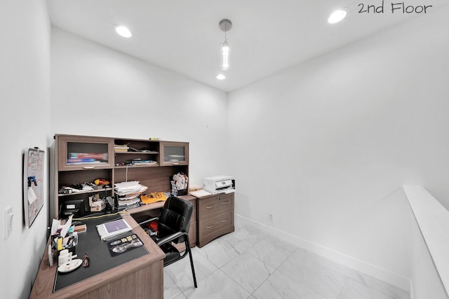 office featuring baseboards, marble finish floor, and recessed lighting