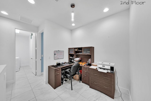 office with baseboards, marble finish floor, attic access, and recessed lighting