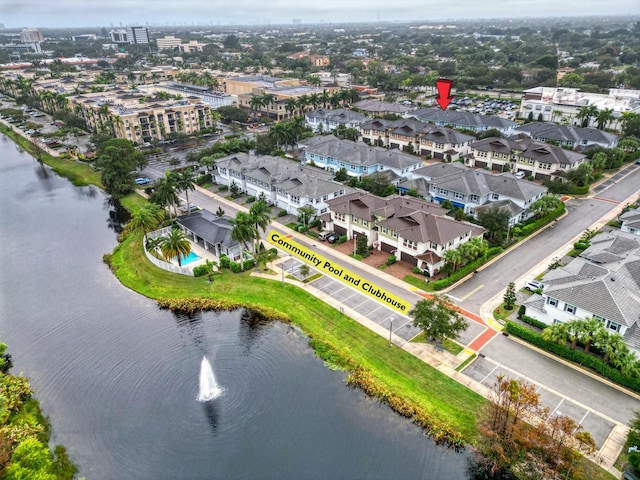 aerial view featuring a water view and a residential view