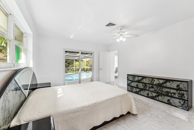 bedroom featuring ceiling fan and access to outside