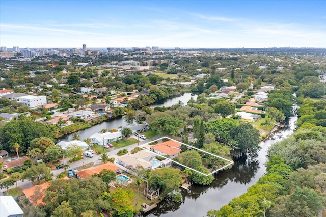 aerial view featuring a water view