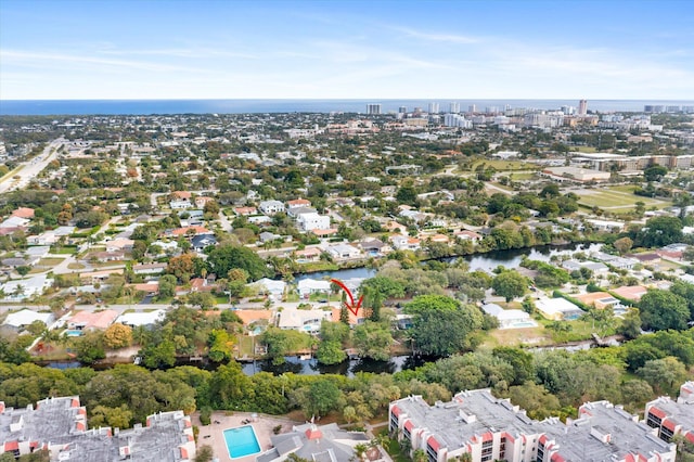 bird's eye view with a water view