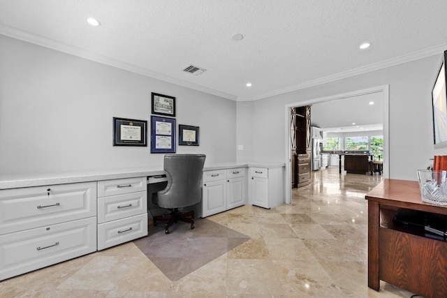 office featuring ornamental molding and a textured ceiling