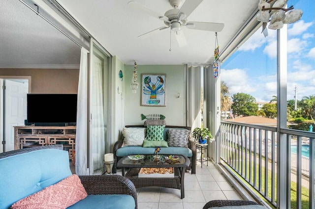 balcony featuring ceiling fan