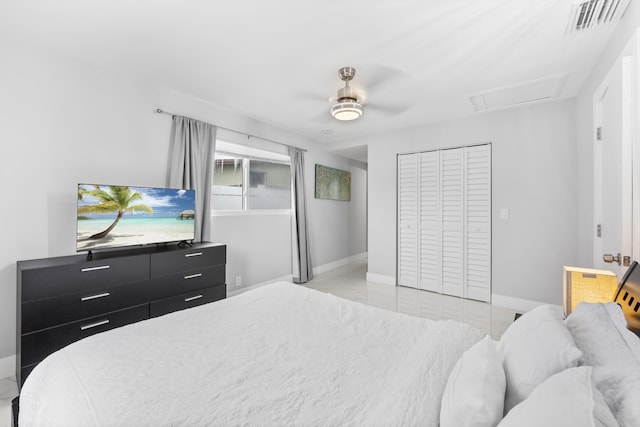 bedroom featuring ceiling fan and a closet