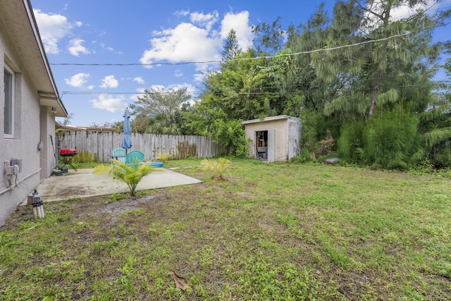 view of yard featuring a storage unit and a patio area