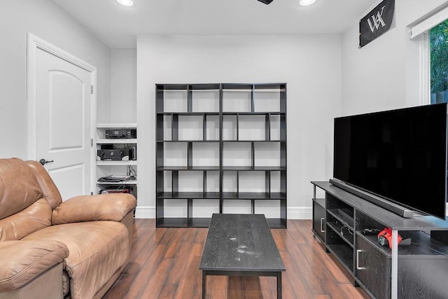 living room featuring dark wood-type flooring