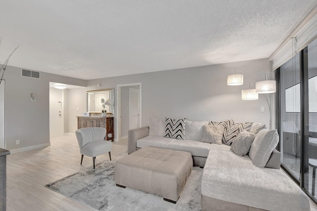 living room featuring a textured ceiling and light hardwood / wood-style flooring