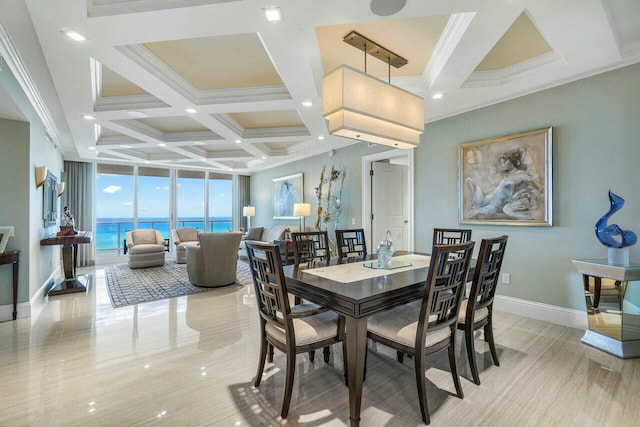 dining area with crown molding, a water view, floor to ceiling windows, beam ceiling, and coffered ceiling