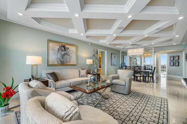 living room featuring beam ceiling, coffered ceiling, and ornamental molding