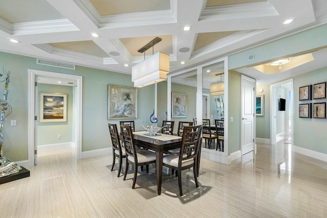 dining space featuring crown molding, coffered ceiling, and beamed ceiling