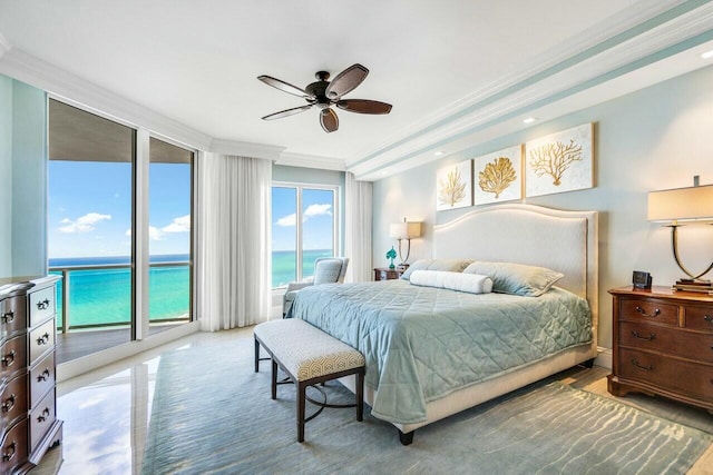 bedroom featuring a water view, ceiling fan, access to outside, and crown molding